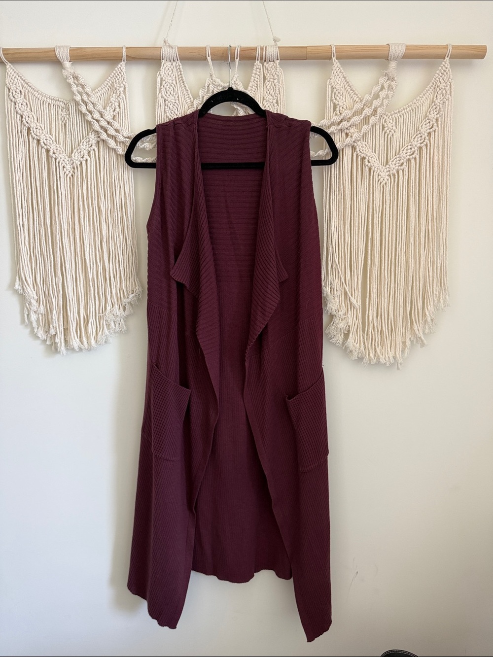 Sleeveless Knit Sweater Open-Front Ribbed Duster Vest - Wine